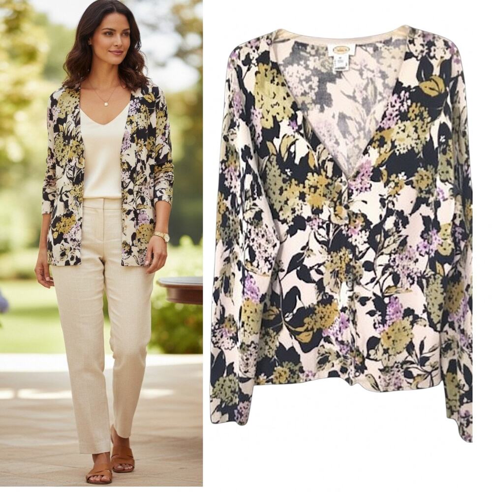 Talbots Silk Blend Floral Cardigan Sweater Women's XL Multicolor V-Neck Top